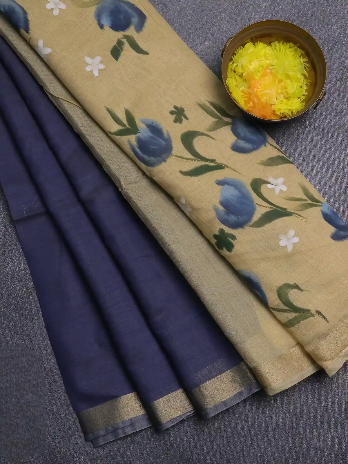 Sandal and Navy Blue Floral Hand Painted Linen Cotton Saree